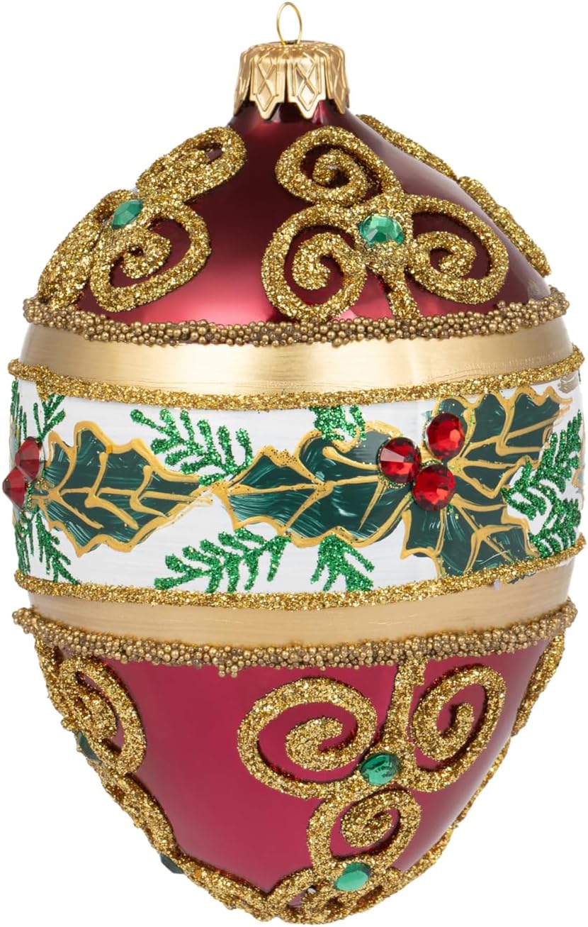 Faberge Egg Hand Blown Glass Christmas Ornaments Balls Burgundy Gloss 5 in