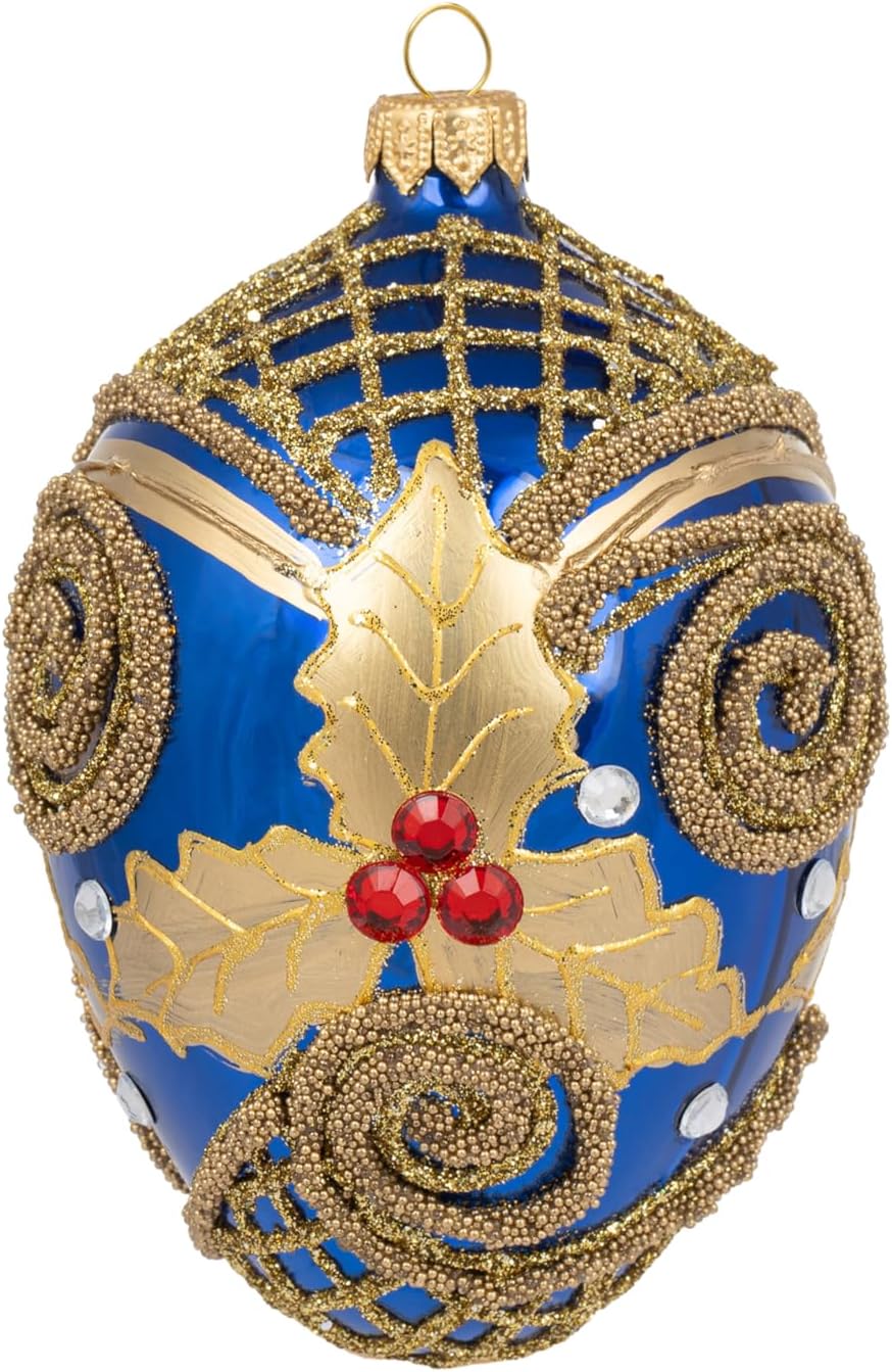Faberge Egg Hand Blown Glass Christmas Ornaments Balls Sapphire Gloss 5 in