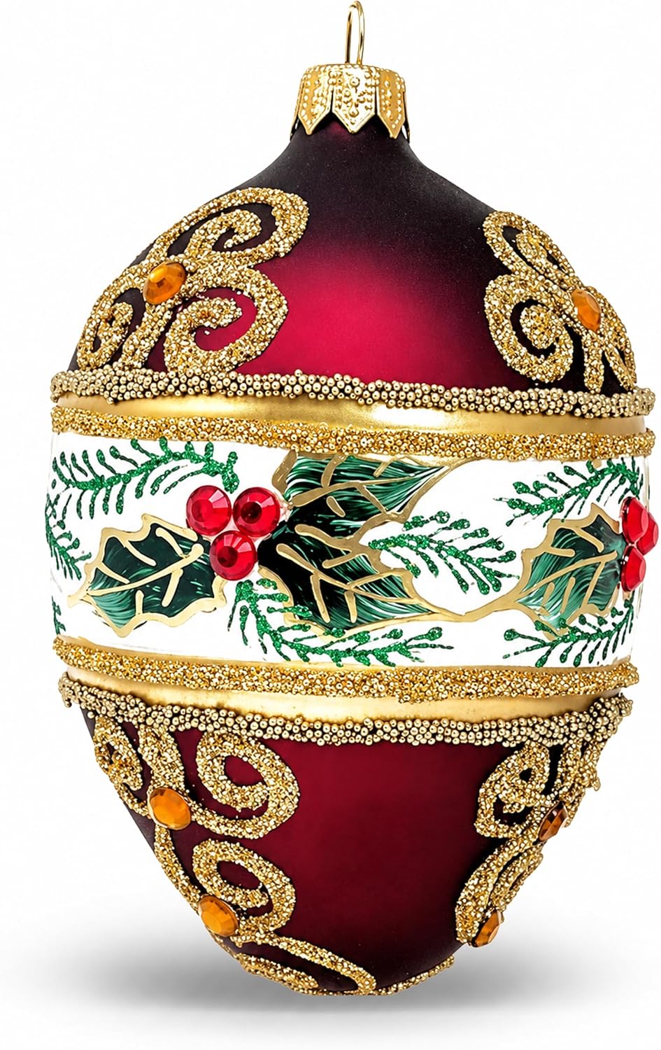 Faberge Egg Hand Blown Glass Christmas Ornaments Balls Burgundy Matte 5 in