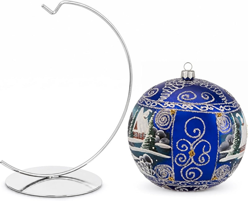 Large glass Christmas ornament, 8 in sapphire blue winter village ball with stand