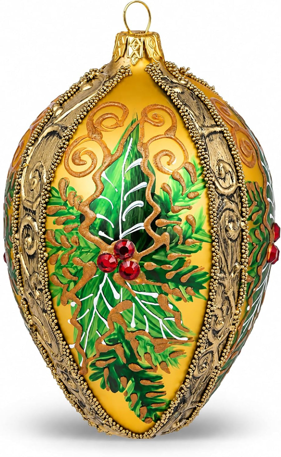 Egg Ornament for Christmas: 5 in Gold Fabergé Style Glass Egg with Green Leaves