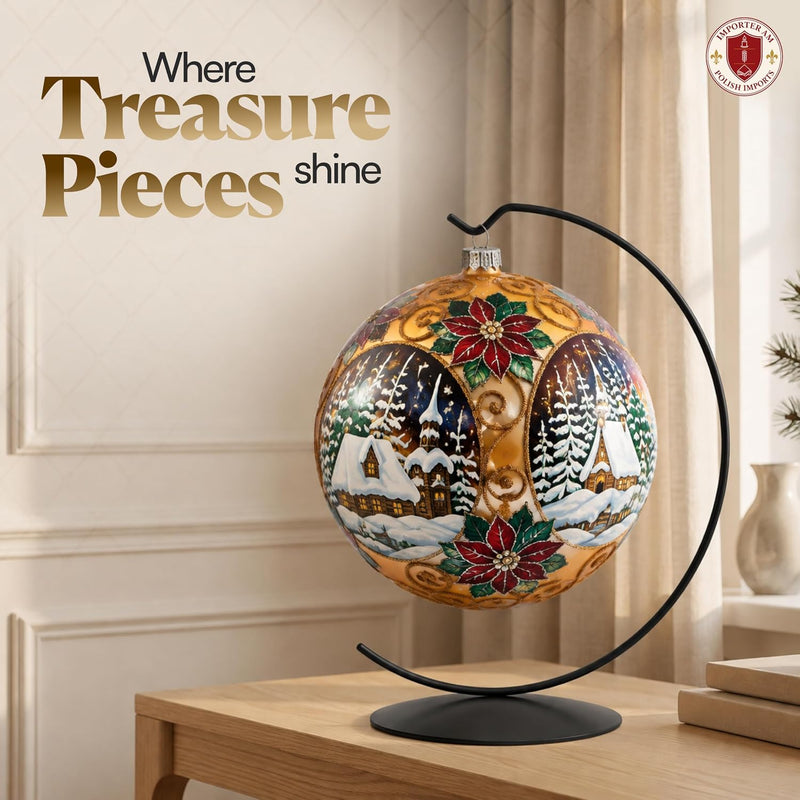 Black ornament display stand 11 in tall holding a large hand painted glass ball