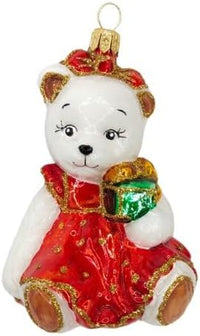 Polar Glass Christmas Ornaments Balls Hand Blown Bear in Red Dress 3.5 in