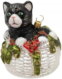 Cat Glass Christmas Ornaments Balls Hand Blown in a Basket 4 in