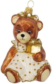 Teddy Glass Christmas Ornaments Balls Hand Blown Bear in White Dress 3.5 in