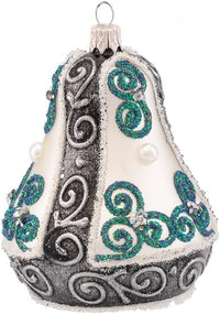 Hand Blown Glass Christmas Bells Ornaments, Teal Embellished 4 in