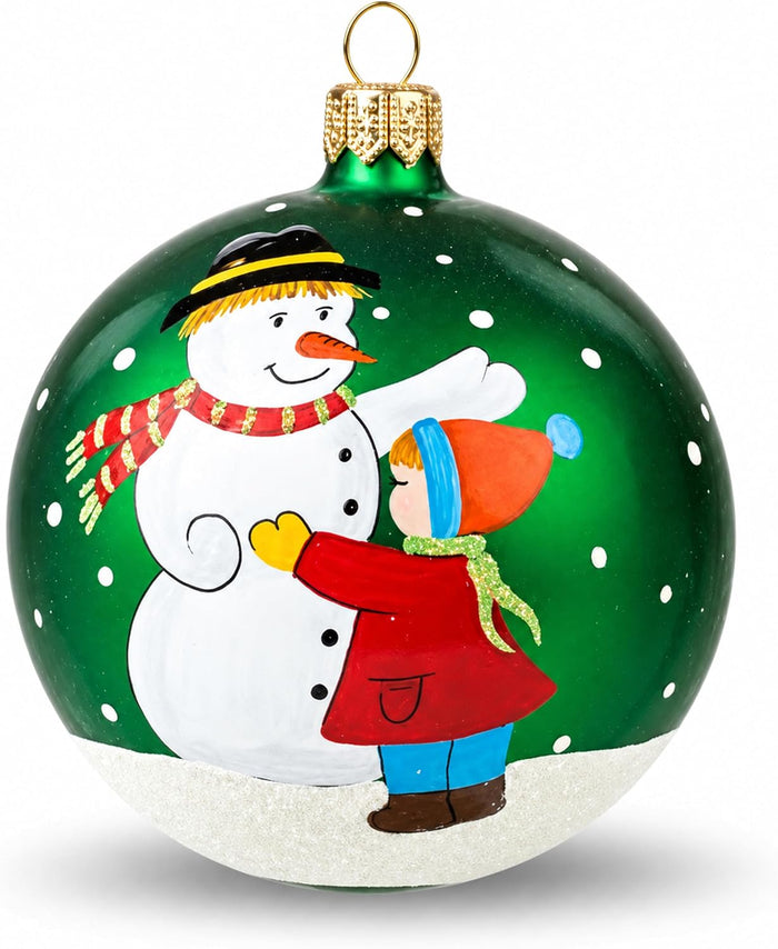 Hand Blown Glass Christmas Ornaments Ball, Snowman & Child Green 3 in