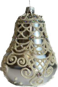 Hand Blown Glass Christmas Bells Ornaments, Shimmering White 4 in