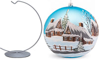 Hand Blown Glass Christmas Ornaments Ball, Chapel Blue 8 in + Stand