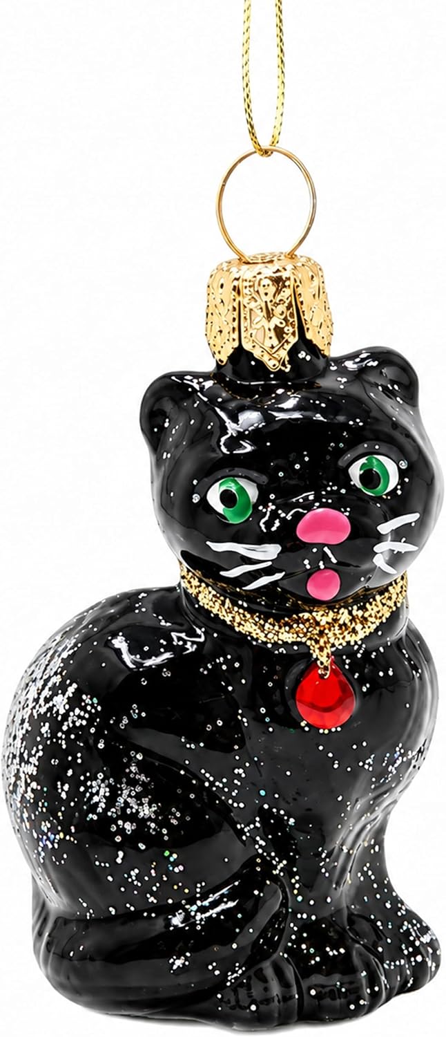 Mini Glass Christmas Ornaments Ball Hand Blown, Black Cat 2 in