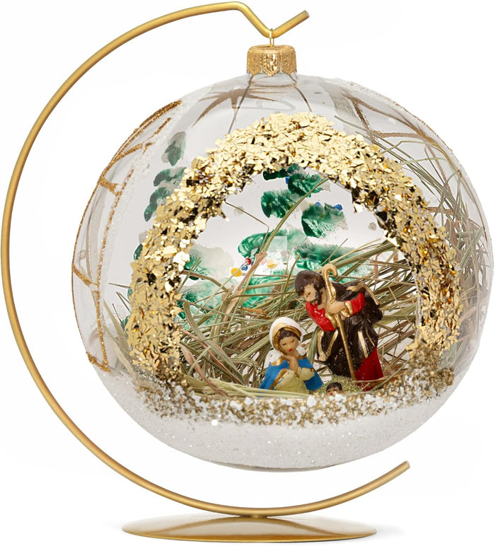 Nativity Scene Glass Christmas Ornament 6" Ball + Stand