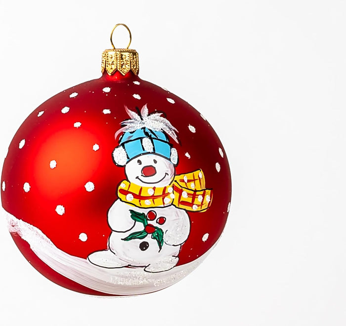 Hand Blown Glass Christmas Ornaments Ball, Snowman & Mistletoe Red 3 in