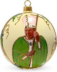 Blown Glass Christmas Ornaments Ball, Pope John Paul II Cream Yellow 5 in