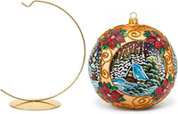Hand Blown Glass Christmas Ornaments Ball, Golden Poinsettia 8 in + Stand