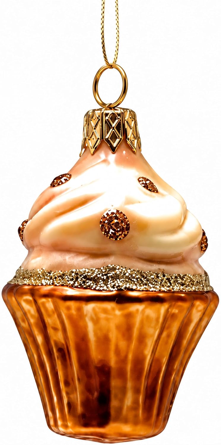Mini Glass Christmas Ornaments Ball Hand Blown, Cream Cupcake 2 in
