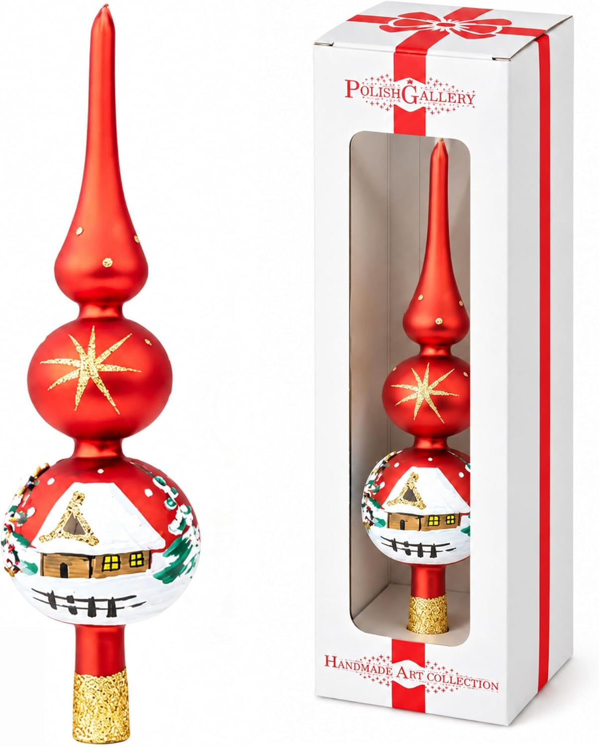Finial Glass Christmas Vintage Tree Topper, Red Snowflake 12 in