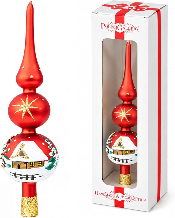 Finial Glass Christmas Vintage Tree Topper, Red Snowflake 12 in