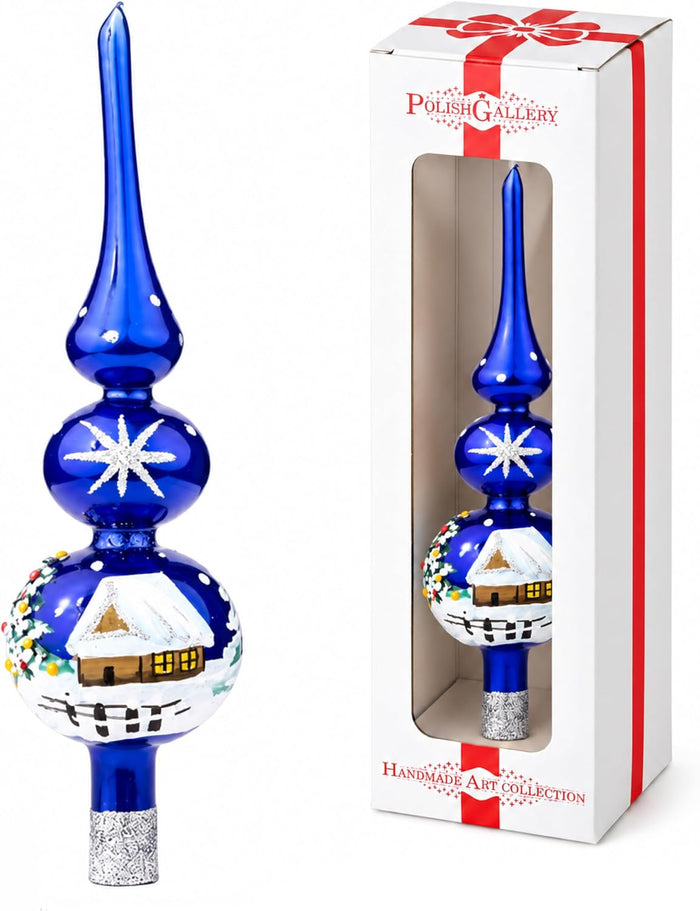Finial Glass Christmas Vintage Tree Topper, Blue Snowflake 12 in
