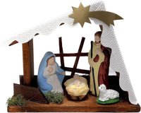 Wooden Nativity Set Figures Indoor Scene with Holy Family Stable White