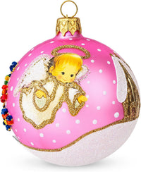 Angel with House and Holiday Tree Christmas Ornament Blown Glass Ball 3-inch (Pink)