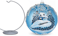 Hand Blown Glass Christmas Ornaments Ball, Wonderland Blue 8 in + Stand