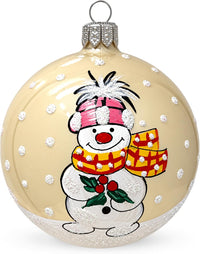 Blown Glass Christmas Ornaments Ball, Snowman & Mistletoe Vanilla Gold 3 in