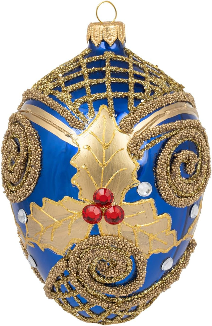 Faberge Egg Hand Blown Glass Christmas Ornaments Balls Sapphire Gloss 5 in