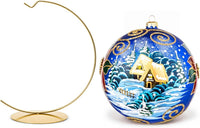 Hand Blown Glass Christmas Ornaments Ball, Wintry Navy 6 in + Stand
