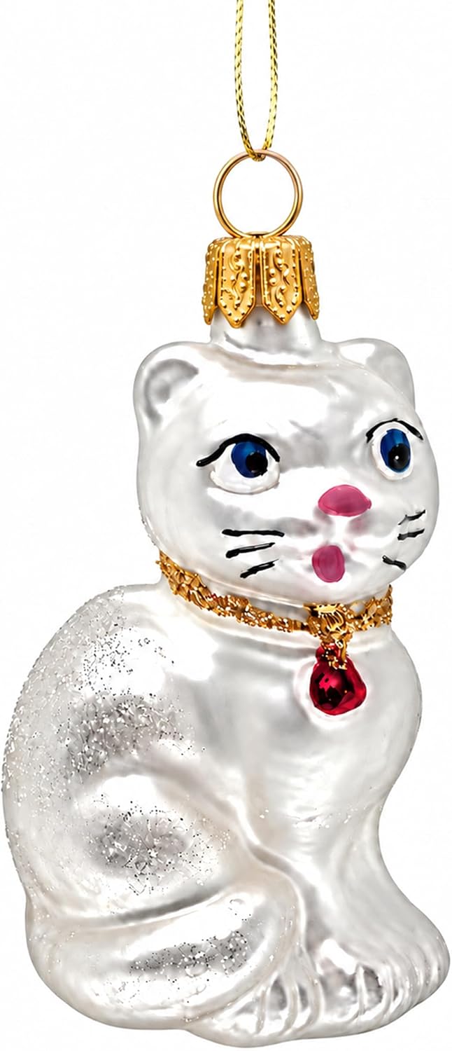 Mini Glass Christmas Ornaments Ball Hand Blown, White Cat 2 in