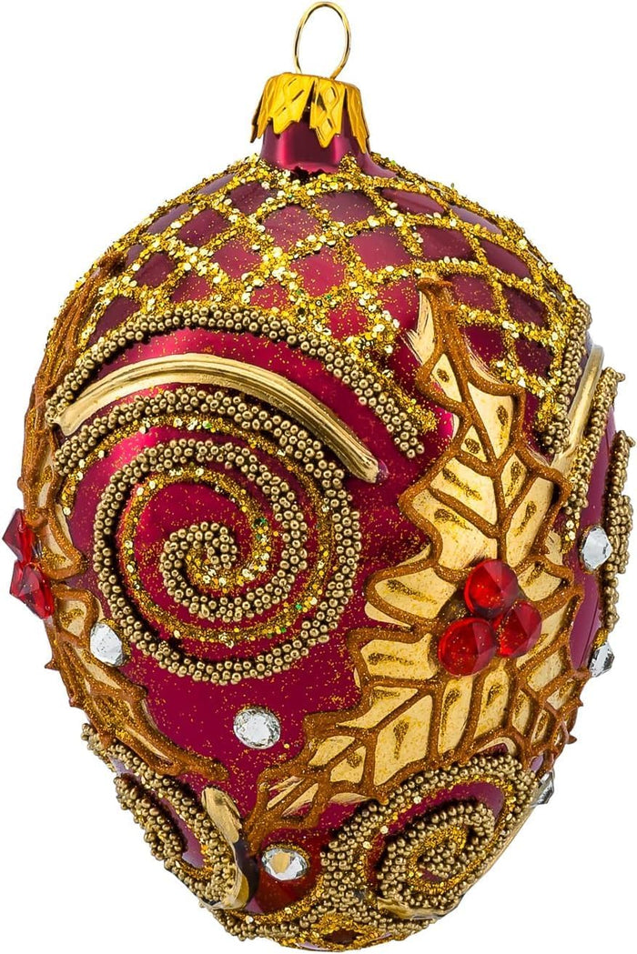 Faberge Egg Hand Blown Glass Christmas Ornaments Balls Burgundy Matte 5 in