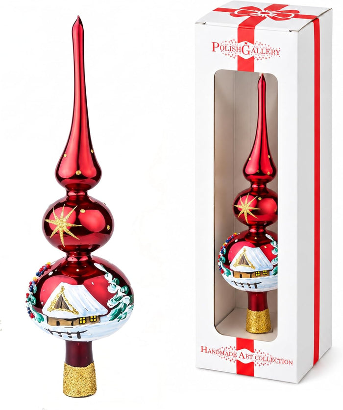 Finial Glass Christmas Vintage Tree Topper, Burgundy Snowflake 12 in