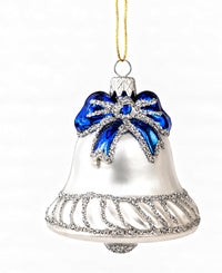 Mini Glass Christmas Ornaments Ball Hand Blown, White Jingle Bell 2 in