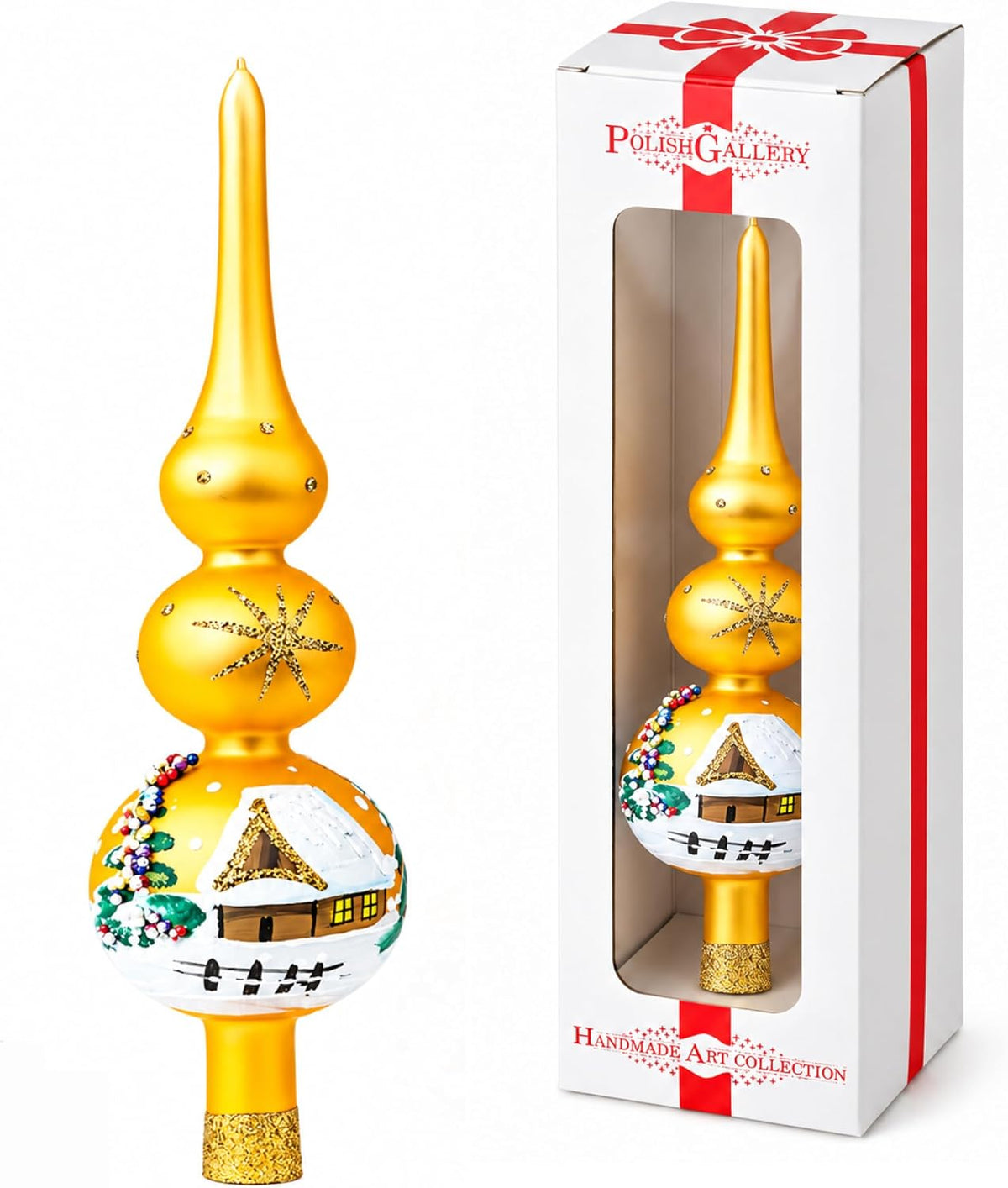 Finial Glass Christmas Vintage Tree Topper, Gold Snowflake 12 in