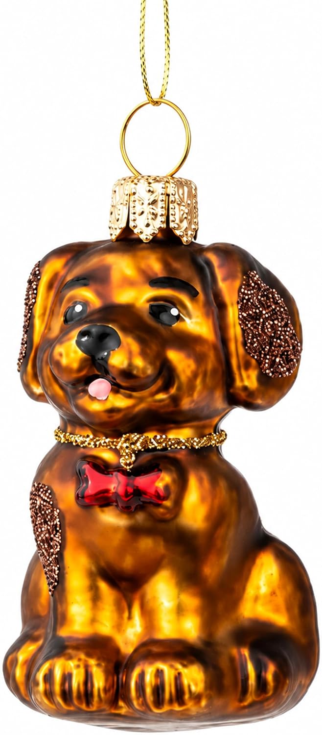 Mini Glass Christmas Ornaments Ball Hand Blown, Brown Dog 2 in