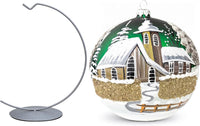 Hand Blown Glass Christmas Ornaments Ball, Chapel Green 6 in + Stand