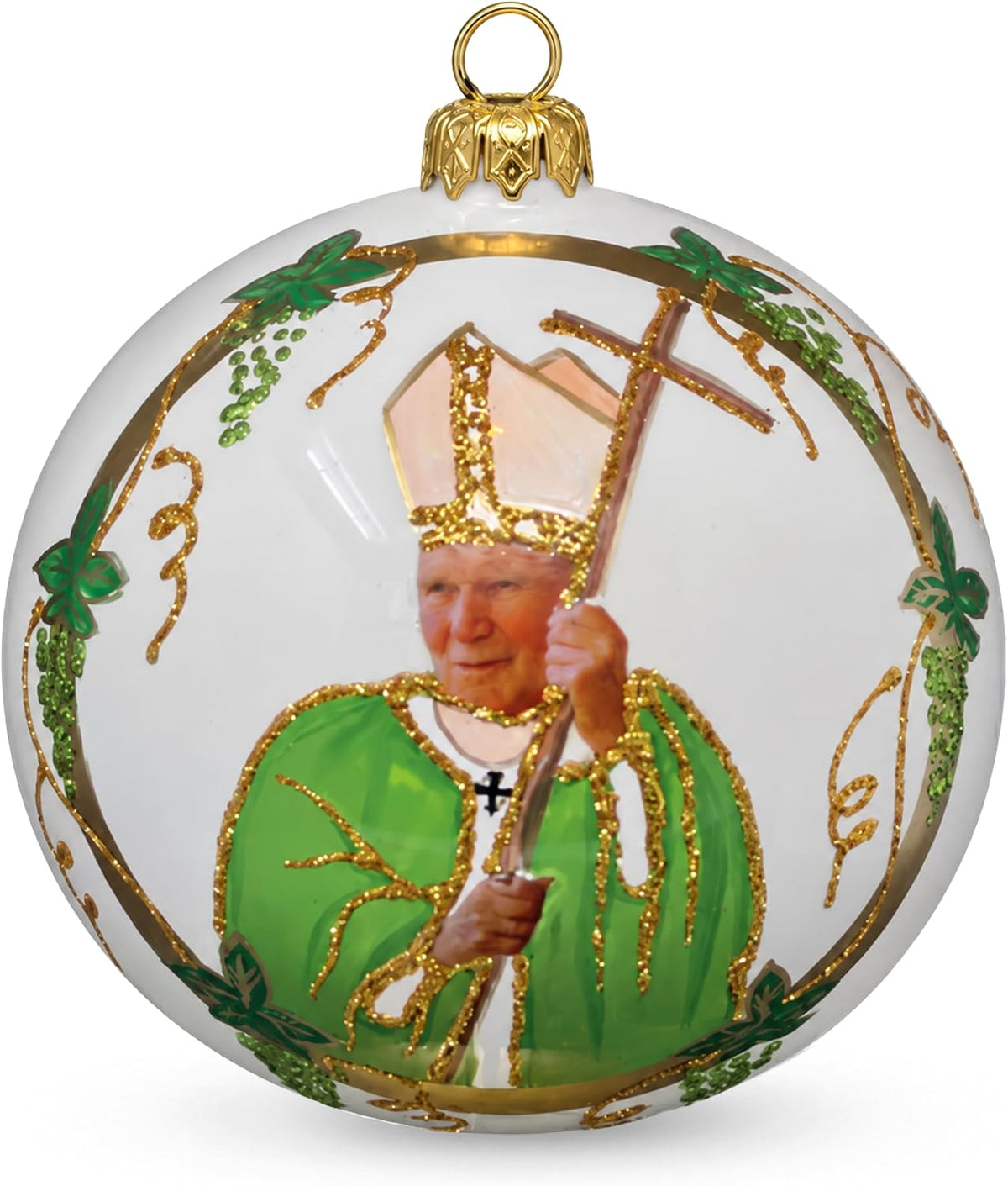 Hand Blown Glass Christmas Ornaments Ball, Pope John Paul II White 5 in