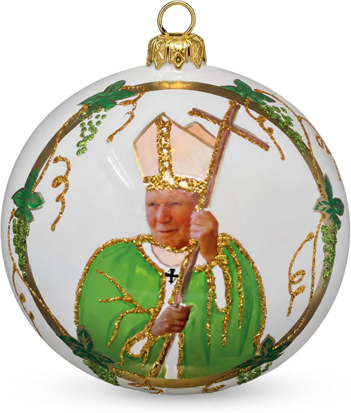 Hand Blown Glass Christmas Ornaments Ball, Pope John Paul II White 5 in
