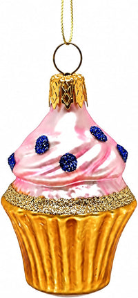 Mini Glass Christmas Ornaments Ball Hand Blown, Pink Cupcake 2 in