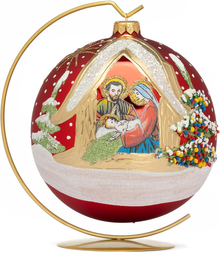 Hand Blown Glass Christmas Ornaments Ball, Nativity Red Matte 6 in + Stand