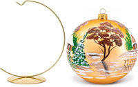 Hand Blown Glass Christmas Ornaments Ball, Cottage Houses Gold 8 in + Stand