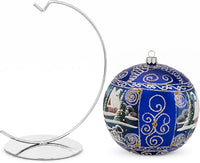 Hand Blown Glass Christmas Ornaments Ball, Countryside Sapphire 8in + Stand