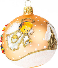 Christmas Ornament Angel with House and Holiday Tree Blown Glass Ball 3-inch (Gold Matte)