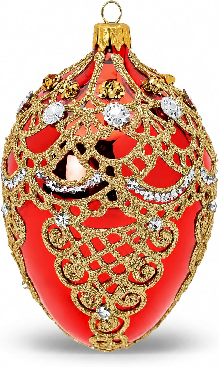 Faberge Egg Hand Blown Glass Christmas Ornaments Balls Red Gloss 5 in
