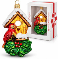 Cardinal Glass Christmas Ornaments Balls Hand Blown Birdhouse 5.75 in