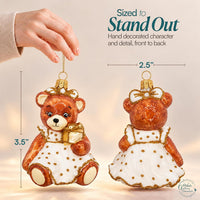 Teddy Glass Christmas Ornaments Balls Hand Blown Bear in White Dress 3.5 in - image 3