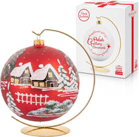 Hand Blown Glass Christmas Ornaments Ball, Blast Matte Red 6 in + Stand