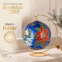 Hand Blown Glass Christmas Ornaments Ball, Wintry Navy 8 in + Stand - image 2