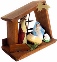 Wooden Nativity Set Figures Indoor Scene with Holy Family Stable Brown - image 3