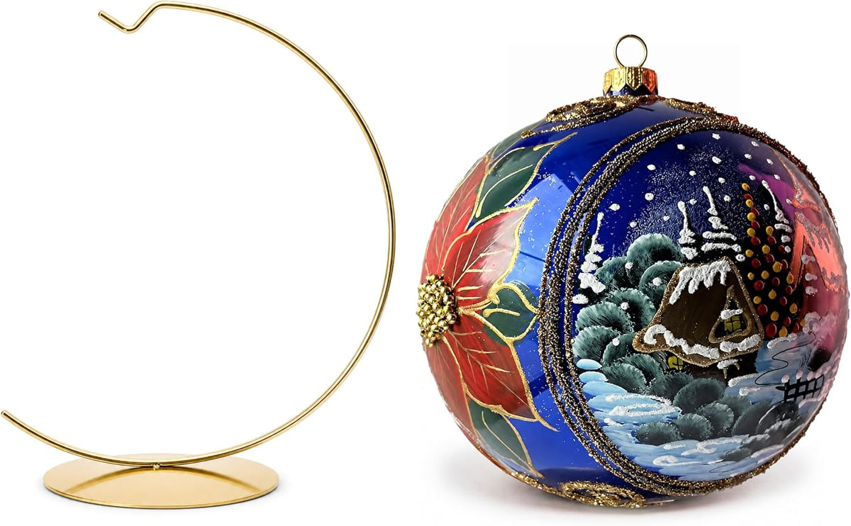 Hand Blown Glass Christmas Ornaments Ball, Sapphire 6 in + Stand