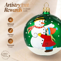 Hand Blown Glass Christmas Ornaments Ball, Snowman & Child Green 3 in - image 3